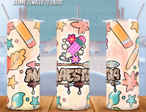 A set of three 20 oz stainless steel tumblers with colorful designs, including pencils, flowers, and text, intended for teachers.