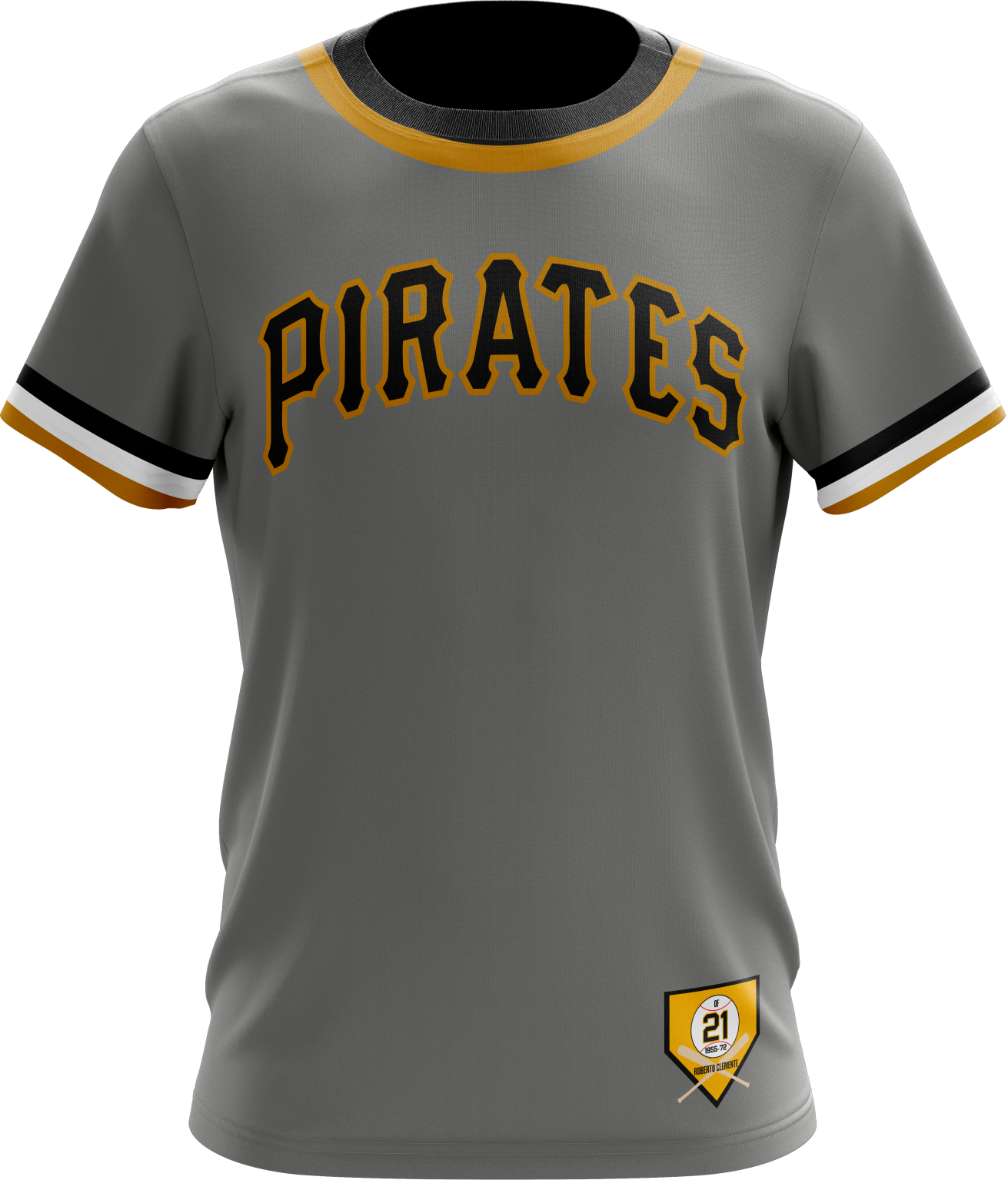 Gray Pittsburgh Pirates T-shirt with number 21, featuring Roberto Clemente tribute and team logo, ideal for baseball fans and collectors honoring his legacy.