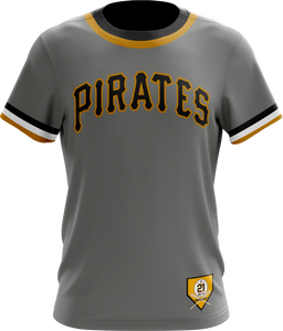 Gray Pittsburgh Pirates T-shirt with number 21, featuring Roberto Clemente tribute and team logo, ideal for baseball fans and collectors honoring his legacy.