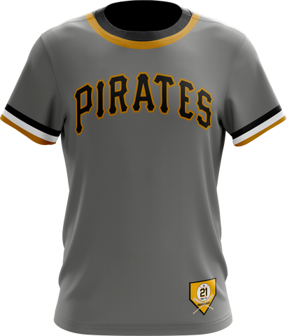 Gray Pittsburgh Pirates T-shirt with number 21, featuring Roberto Clemente tribute and team logo, ideal for baseball fans and collectors honoring his legacy.