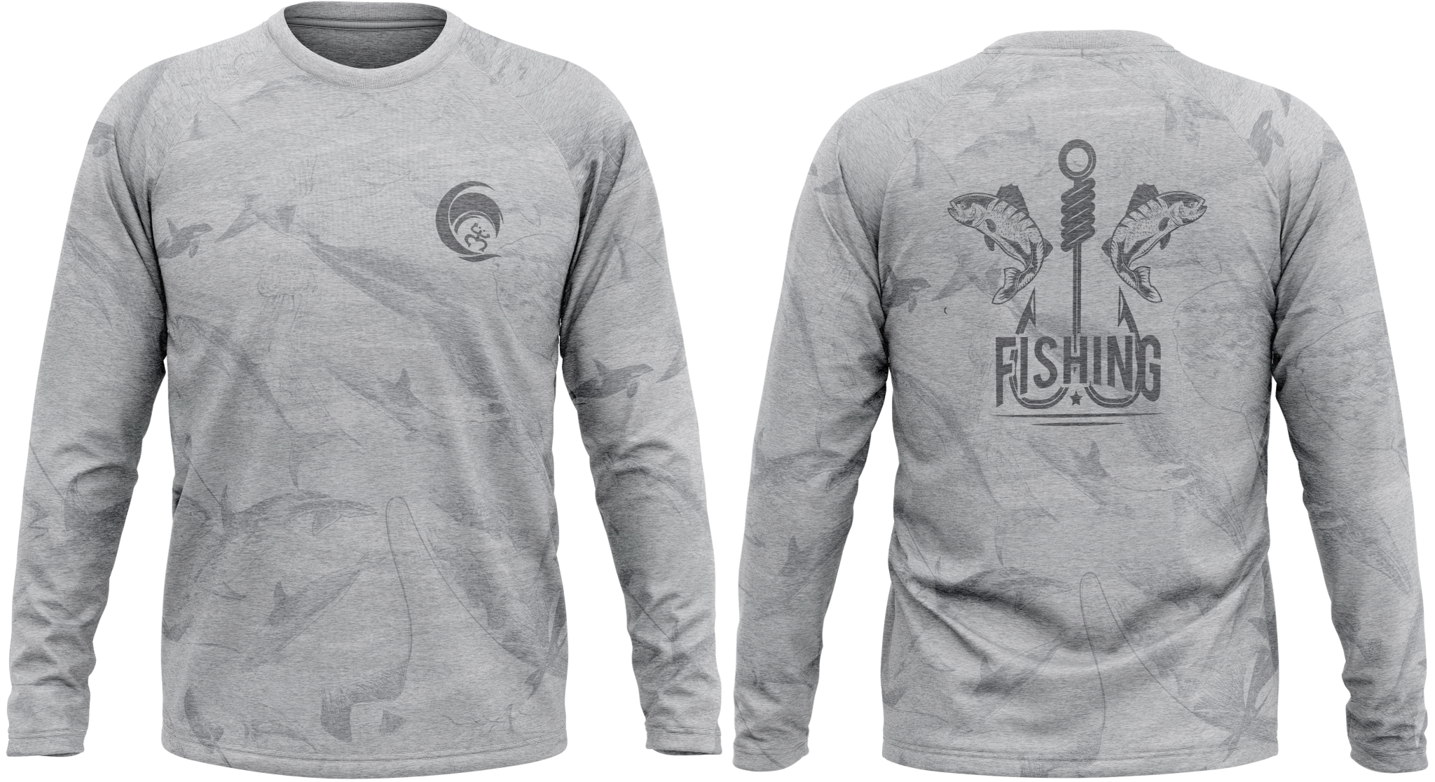 A gray long-sleeved fishing shirt with fish and a fishing hook graphic, featuring a collar and raglan sleeves.