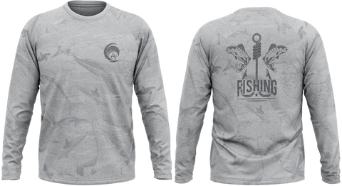 A gray long-sleeved fishing shirt with fish and a fishing hook graphic, featuring a collar and raglan sleeves.