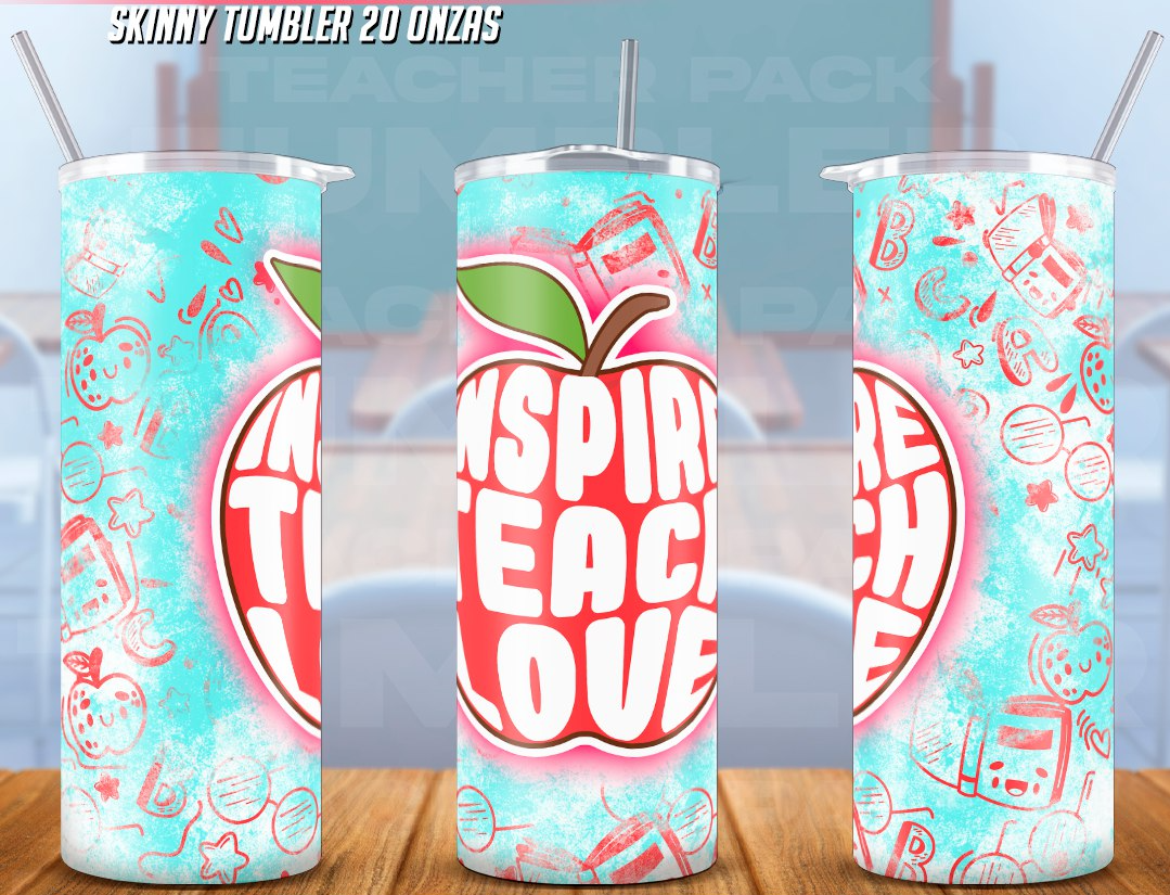 A set of three 20 oz stainless steel tumblers with a 'Teach Love' text and apple graphic design, displayed on a table background.