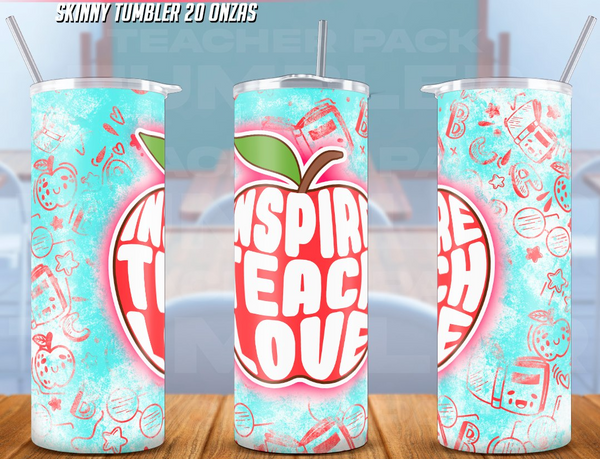 A set of three 20 oz stainless steel tumblers with a 'Teach Love' text and apple graphic design, displayed on a table background.