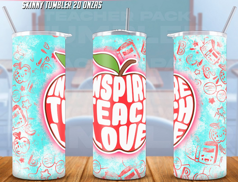 A set of three 20 oz stainless steel tumblers with a 'Teach Love' text and apple graphic design, displayed on a table background.