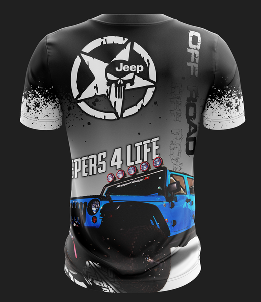 Black Jeep 4x4 enthusiast T-shirt with 'Jeepers 4 Life' slogan, metallic Jeep logo, red Rubicon SUV graphic, and rugged tire track details for off-road adventure fans in 2025.