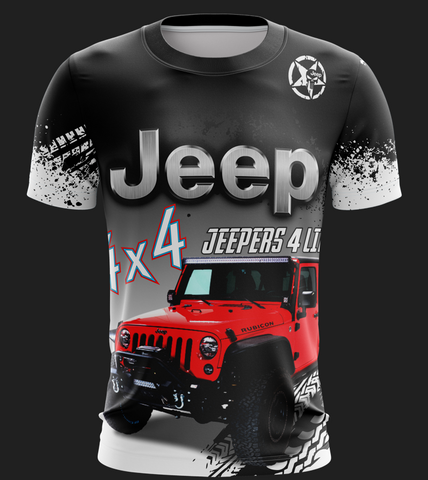 Black Jeep 4x4 enthusiast T-shirt with 'Jeepers 4 Life' slogan, metallic Jeep logo, red Rubicon SUV graphic, and rugged tire track details for off-road adventure fans in 2025.