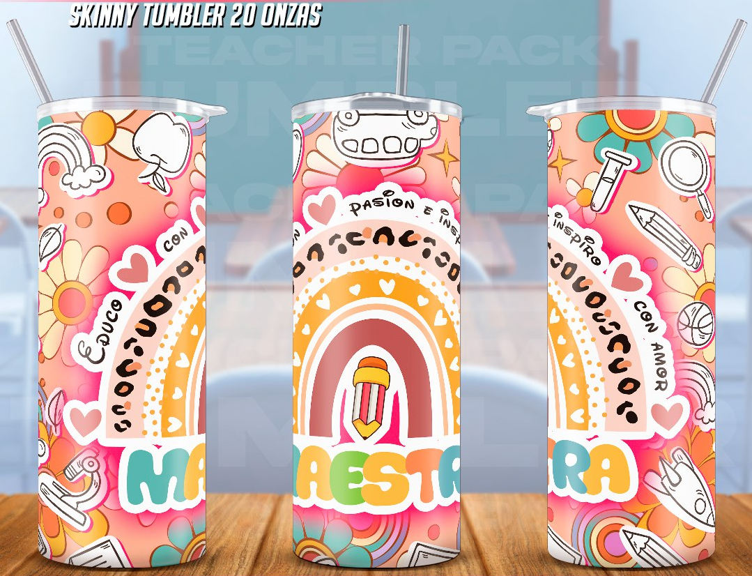 20oz skinny tumbler with 'Maestra' design featuring a vibrant rainbow, pencil graphic, and phrases like 'Educación con pasión e inspiración con amor,' adorned with colorful school and nature doodles, perfect for teachers in 2025.