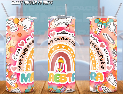 20oz skinny tumbler with 'Maestra' design featuring a vibrant rainbow, pencil graphic, and phrases like 'Educación con pasión e inspiración con amor,' adorned with colorful school and nature doodles, perfect for teachers in 2025.