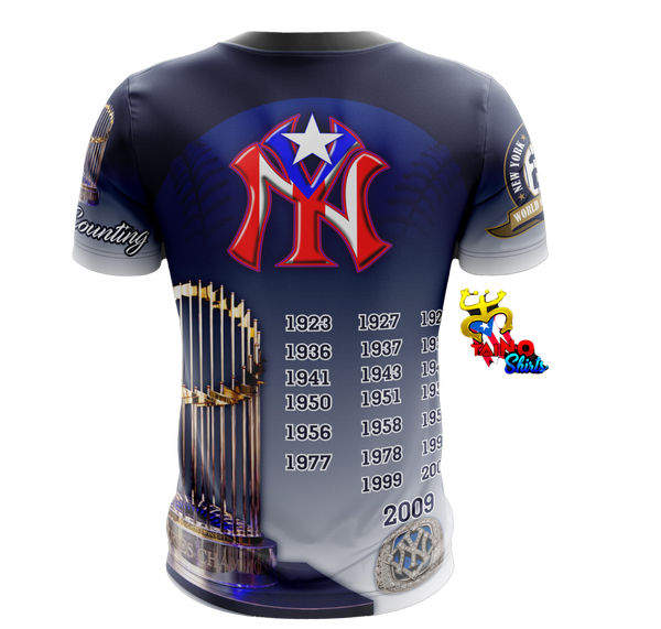 New York Yankees Bronx Bombers graphic T-shirt featuring team logo, Yankee Stadium field design, and championship sleeve patches