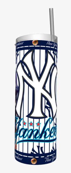 New York Yankees stainless steel tumblers featuring team logo, Empire State Building, and stadium artwork, perfect MLB fan drinkware gift