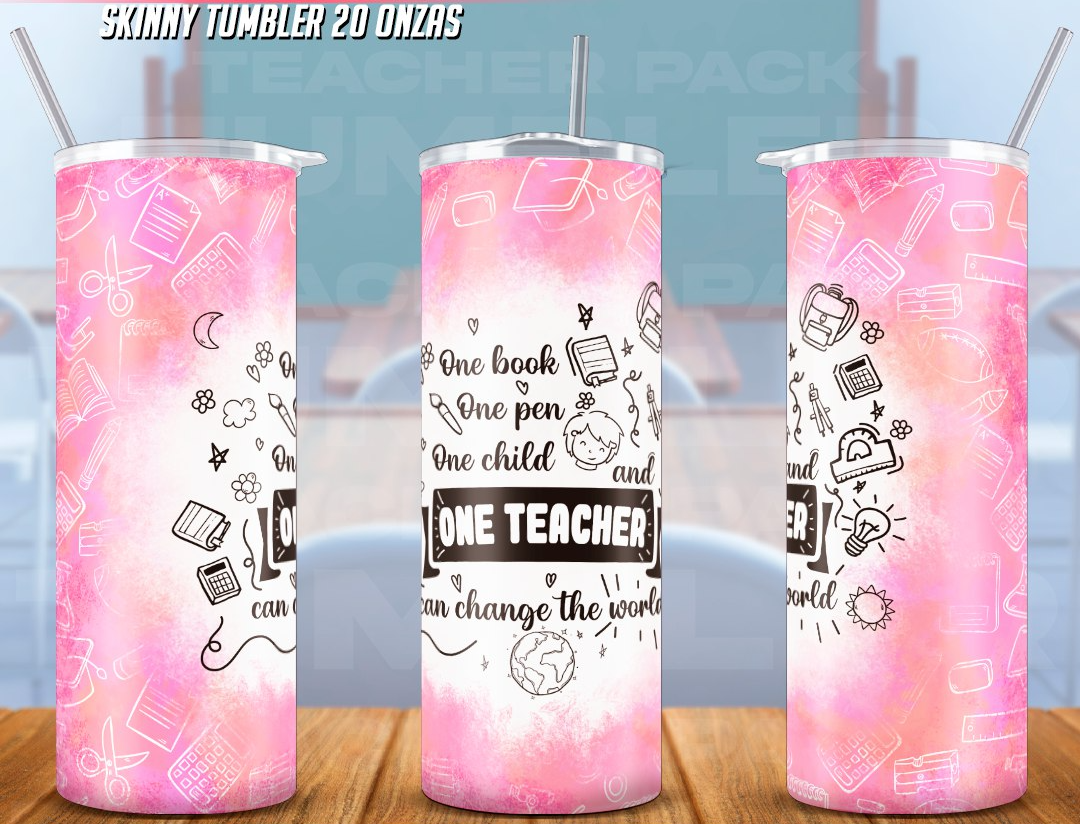 A set of three 20 oz stainless steel tumblers with pink 'One Teacher' theme design, including a straw and a lid.