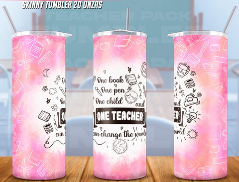 A set of three 20 oz stainless steel tumblers with pink 'One Teacher' theme design, including a straw and a lid.