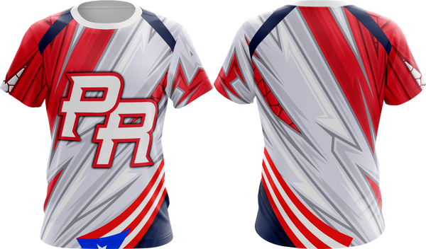 Dynamic Puerto Rico sports jersey with bold PR logo and flag-inspired red, white, and blue design, perfect for team uniforms in 2025