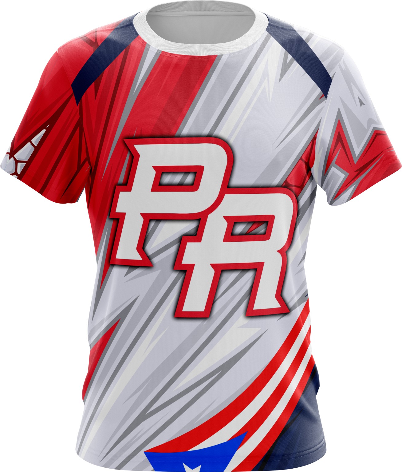 Dynamic Puerto Rico sports jersey with bold PR logo and flag-inspired red, white, and blue design, perfect for team uniforms in 2025.