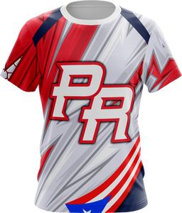 Dynamic Puerto Rico sports jersey with bold PR logo and flag-inspired red, white, and blue design, perfect for team uniforms in 2025.
