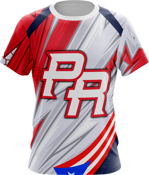 Dynamic Puerto Rico sports jersey with bold PR logo and flag-inspired red, white, and blue design, perfect for team uniforms in 2025.