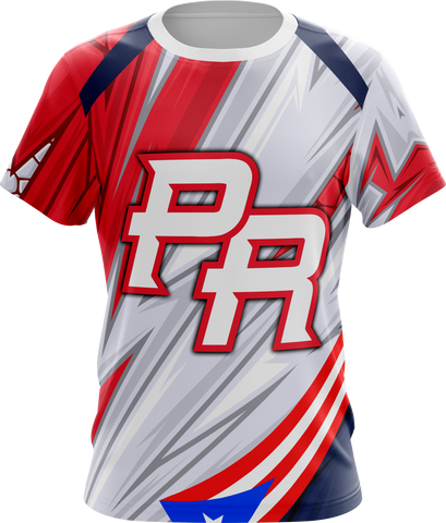 Dynamic Puerto Rico sports jersey with bold PR logo and flag-inspired red, white, and blue design, perfect for team uniforms in 2025.