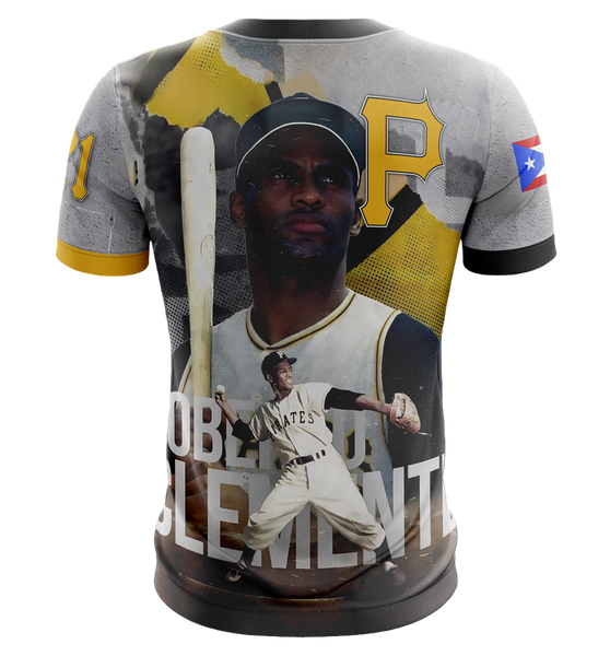 T-shirt with a baseball player design and branding on a white background