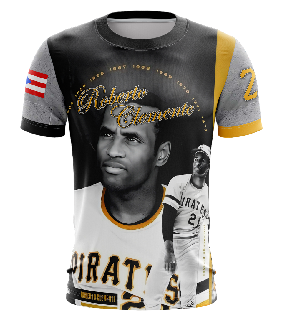 T-shirt with Roberto Clemente design featuring a portrait and baseball uniform.
