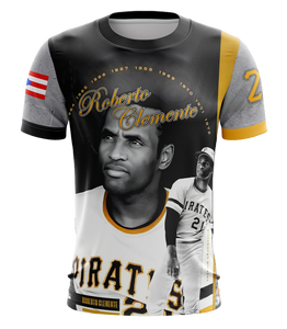 T-shirt with Roberto Clemente design featuring a portrait and baseball uniform.
