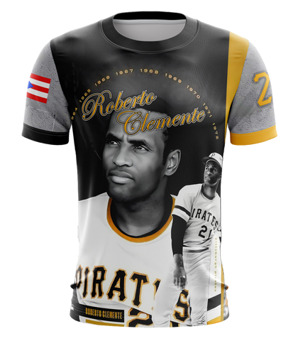 T-shirt with Roberto Clemente design featuring a portrait and baseball uniform.