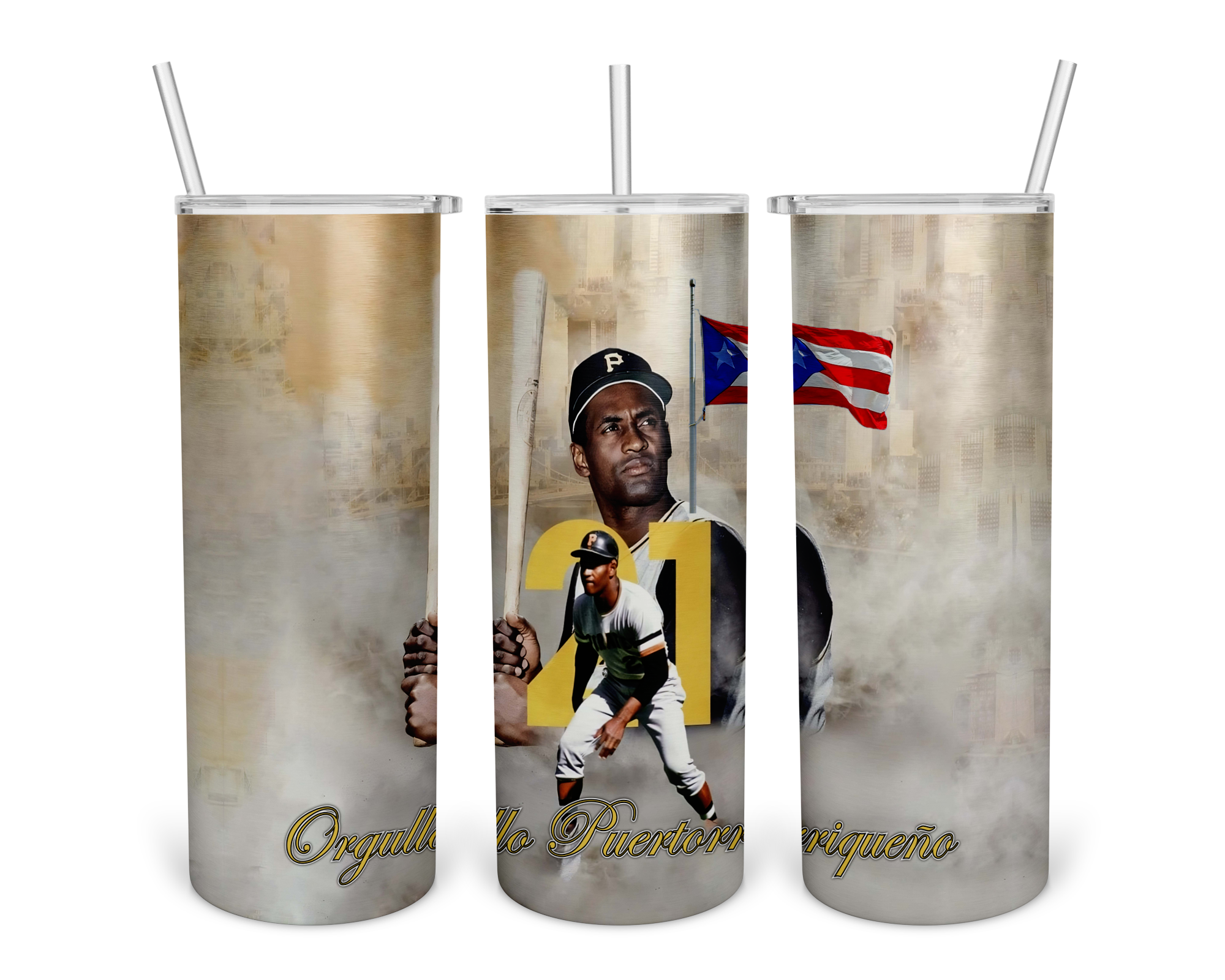 Set of three tumblers featuring Roberto Clemente in a Pittsburgh Pirates uniform with number 21, Puerto Rican flag, and 'Orgullo Puertorriqueño' text, ideal for fans in 2025.