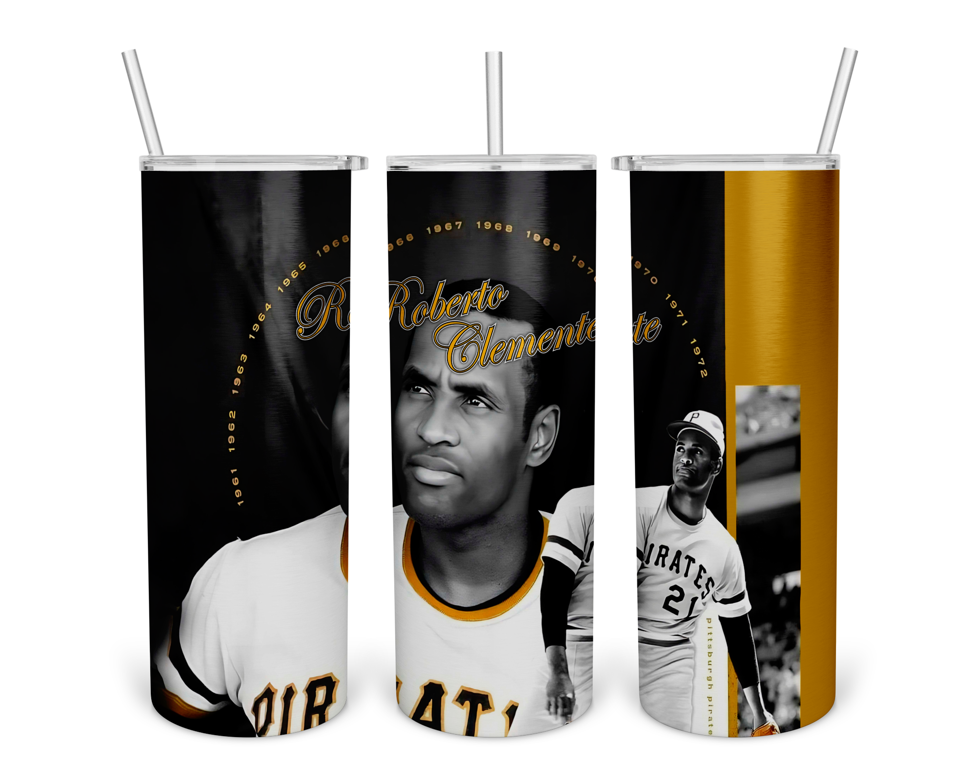 Set of three Roberto Clemente tumblers featuring the Pittsburgh Pirates legend in his iconic jersey, with gold and black design and years 1955-1972, perfect for fans in 2025.