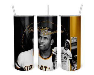 Set of three Roberto Clemente tumblers featuring the Pittsburgh Pirates legend in his iconic jersey, with gold and black design and years 1955-1972, perfect for fans in 2025.