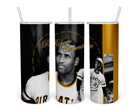 Set of three Roberto Clemente tumblers featuring the Pittsburgh Pirates legend in his iconic jersey, with gold and black design and years 1955-1972, perfect for fans in 2025.