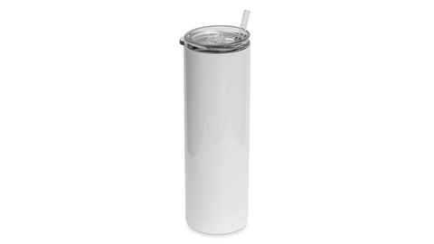A white stainless steel tumbler with a lid and a straw