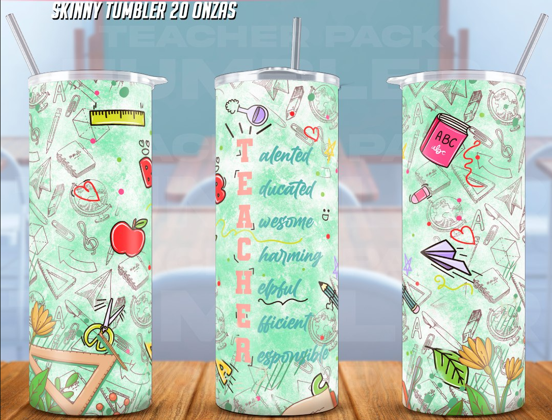 A 20 oz stainless steel tumbler with a green 'Teacher' theme design, featuring various educational-related items like books, pens, and a chalkboard.