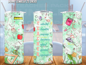 A 20 oz stainless steel tumbler with a green 'Teacher' theme design, featuring various educational-related items like books, pens, and a chalkboard.