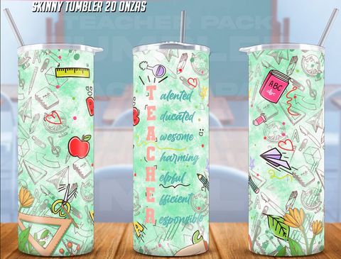 A 20 oz stainless steel tumbler with a green 'Teacher' theme design, featuring various educational-related items like books, pens, and a chalkboard.