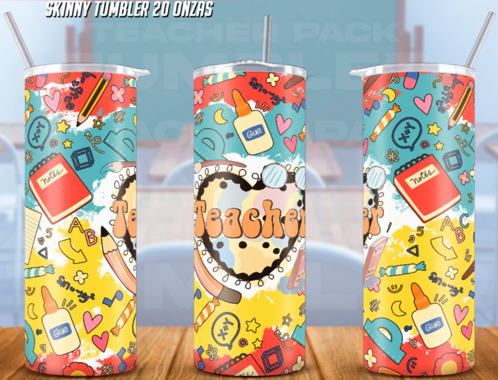 20oz skinny tumbler with a vibrant 'Teacher' design featuring colorful school supplies, glue bottles, and playful doodles on a yellow and red gradient, perfect for educators in 2025.