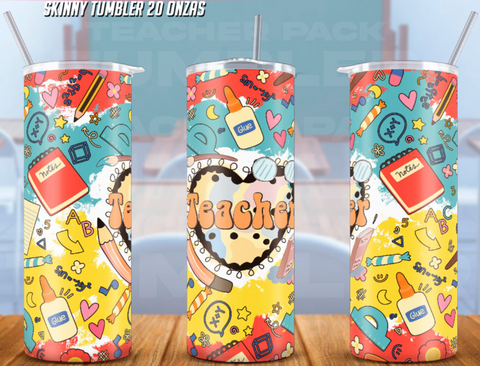 20oz skinny tumbler with a vibrant 'Teacher' design featuring colorful school supplies, glue bottles, and playful doodles on a yellow and red gradient, perfect for educators in 2025.