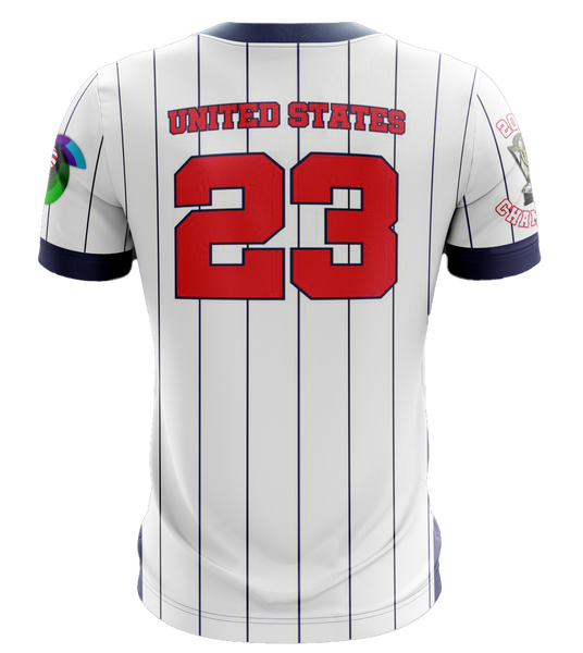 USA Baseball jersey with 2023 Champion design, featuring white and navy pinstripes, bold USA Baseball logo, and number 23, ideal for sports fans in 2025.