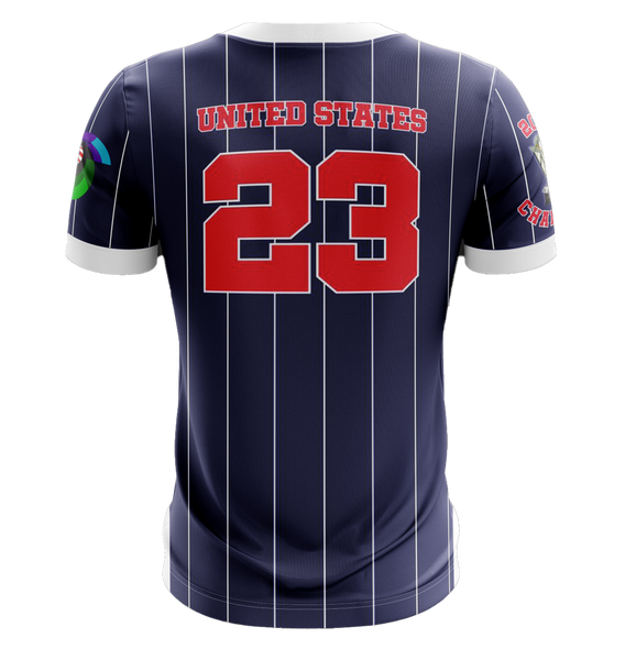 USA Baseball jersey with 2023 Champion design, featuring black and navy pinstripes, bold USA Baseball logo, and number 23, ideal for sports fans in 2025.