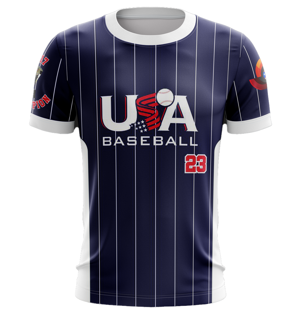 USA Baseball jersey with 2023 Champion design, featuring black and navy pinstripes, bold USA Baseball logo, and number 23, ideal for sports fans in 2025.