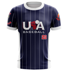 USA Baseball jersey with 2023 Champion design, featuring black and navy pinstripes, bold USA Baseball logo, and number 23, ideal for sports fans in 2025.