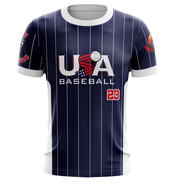 USA Baseball jersey with 2023 Champion design, featuring black and navy pinstripes, bold USA Baseball logo, and number 23, ideal for sports fans in 2025.