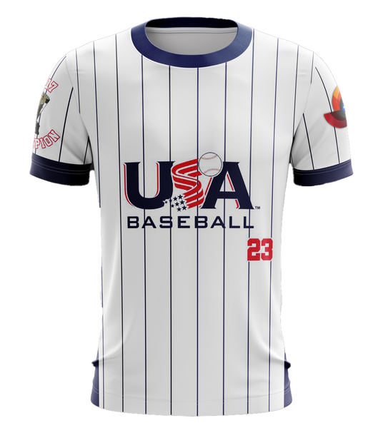 USA Baseball jersey with 2023 Champion design, featuring white and navy pinstripes, bold USA Baseball logo, and number 23, ideal for sports fans in 2025.