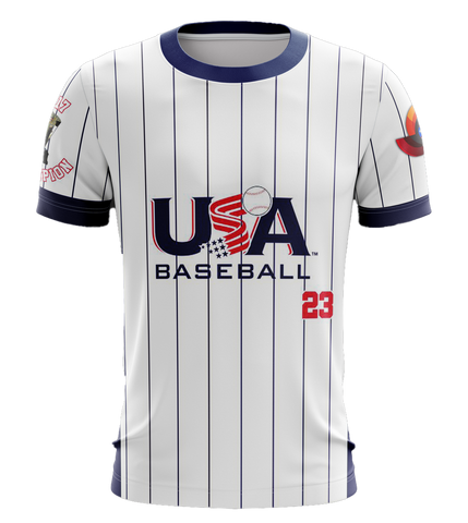 USA Baseball jersey with 2023 Champion design, featuring white and navy pinstripes, bold USA Baseball logo, and number 23, ideal for sports fans in 2025.