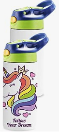 Set of two kids' water bottles with vibrant unicorn design, rainbow mane, and 'Follow Your Dream' text, featuring blue and green lids with handles, perfect for 2025.