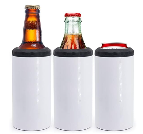 A set of three white 16oz sublimation tumblers with black lids, designed for use with cans and bottles.