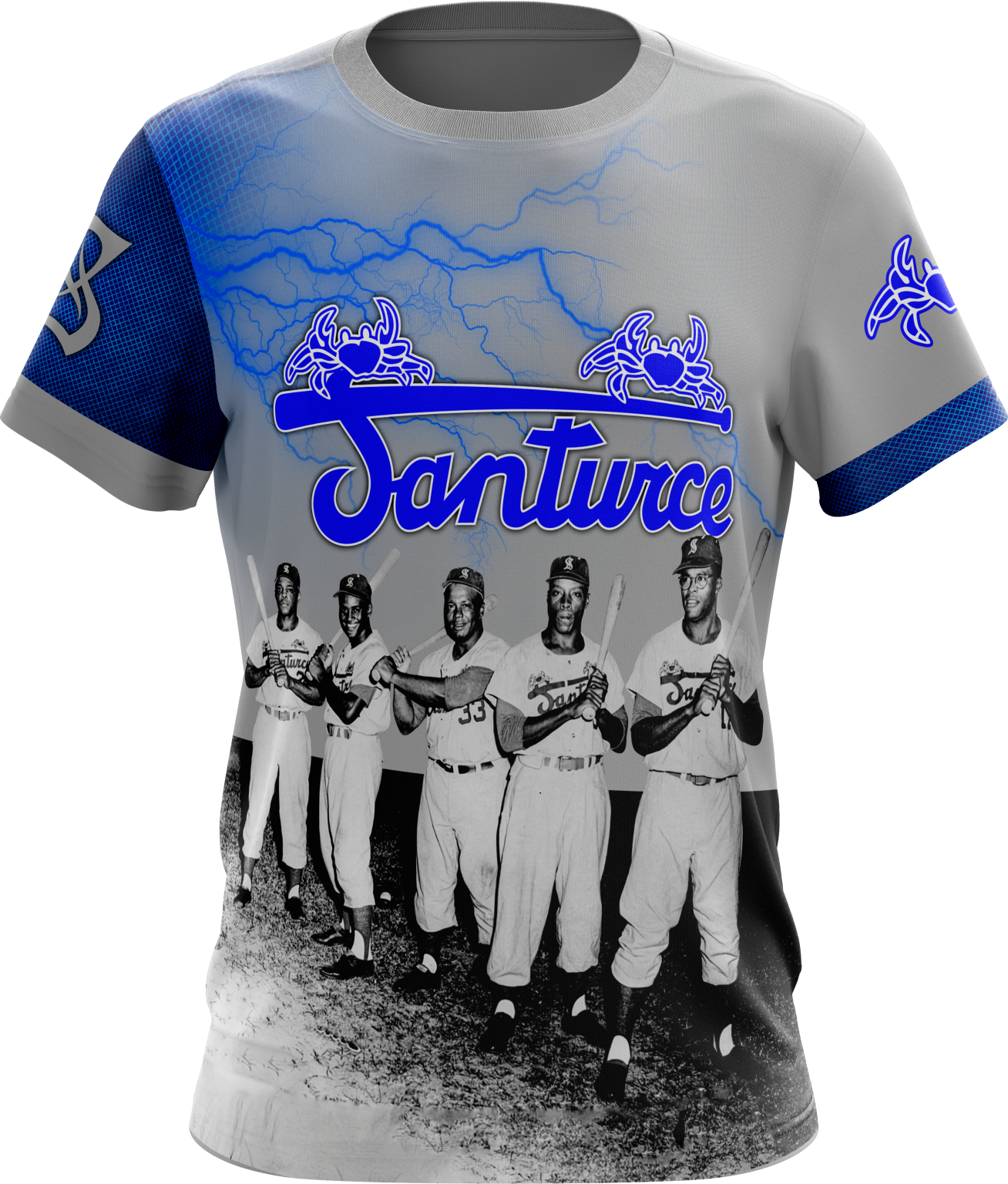 A short-sleeved baseball jersey featuring a graphic design with a group of men, with a predominantly gray color and blue accents.