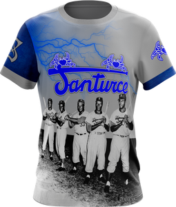A short-sleeved baseball jersey featuring a graphic design with a group of men, with a predominantly gray color and blue accents.
