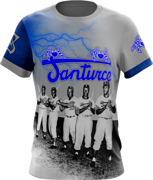 A short-sleeved baseball jersey featuring a graphic design with a group of men, with a predominantly gray color and blue accents.
