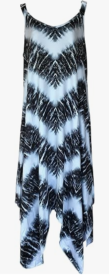 Chic black and white tie-dye asymmetric dress with a sleeveless design, perfect for summer fashion, ideal for trendy and comfortable casual wear.