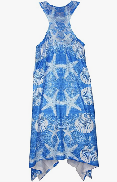 A vibrant blue sleeveless dress with white starfish and seashell patterns, featuring an asymmetrical hem, ideal for a chic beach-inspired summer look.